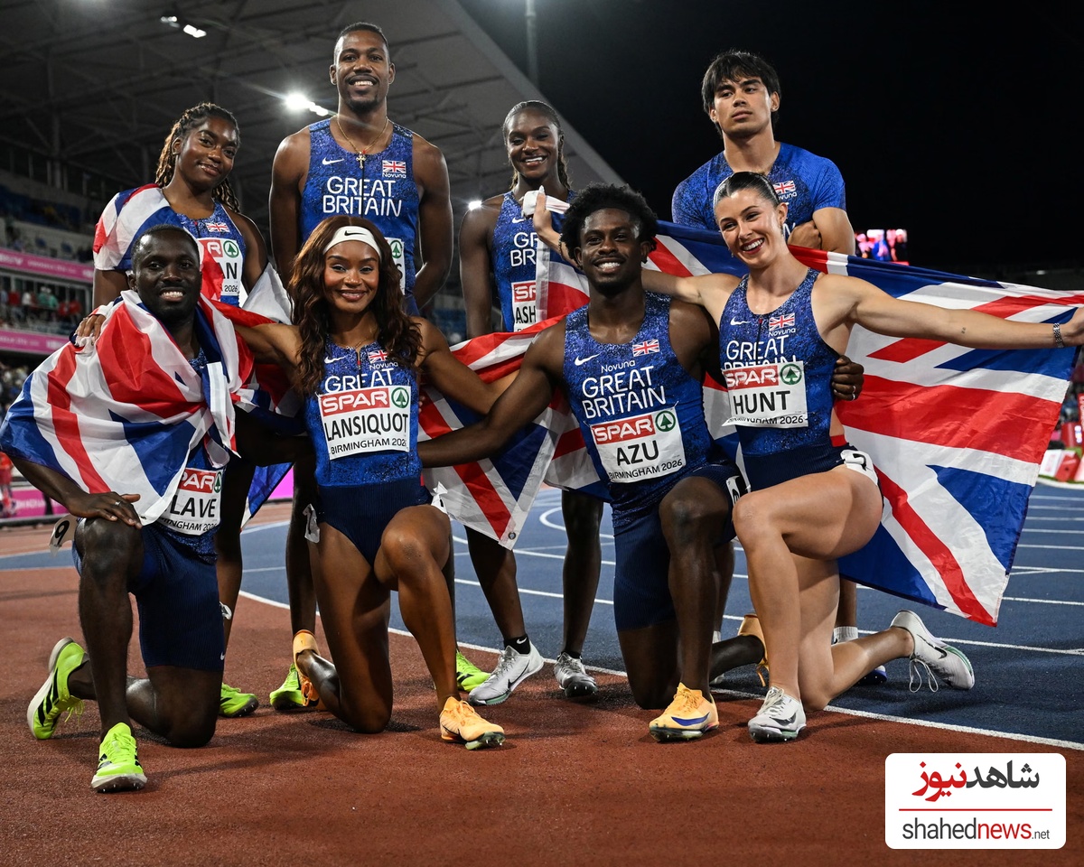 The victorious British teams: back row (from left): Success Eduan, Zharnel Hughes, Dina Asher-Smith and Louie Hinchliffe. Front row (from left) Romell Glave, Imani Lansiquot, Jeremiah Azu and Amy Hunt. Photograph: Paul Ellis/AFP/Getty Images